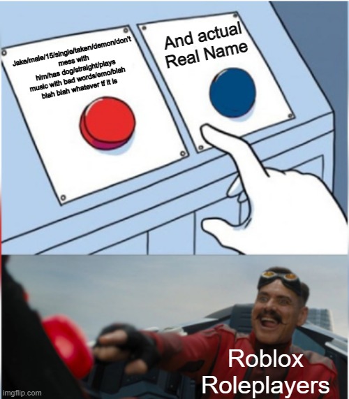 Bro why are Roblox Roleplay names are so darn loooonggg | And actual Real Name; Jake/male/15/single/taken/demon/don't mess with him/has dog/straight/plays music with bad words/emo/blah blah blah whatever tf it is; Roblox Roleplayers | image tagged in robotnik pressing red button,memes,gaming,roblox,roblox meme,roleplay | made w/ Imgflip meme maker