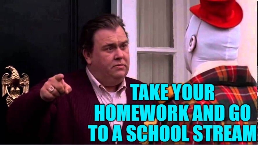 Get out of here - Uncle Buck | TAKE YOUR HOMEWORK AND GO TO A SCHOOL STREAM | image tagged in get out of here - uncle buck | made w/ Imgflip meme maker