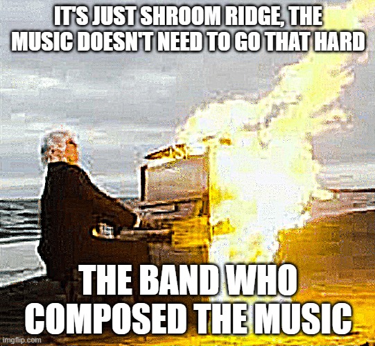 Playing flaming piano | IT'S JUST SHROOM RIDGE, THE MUSIC DOESN'T NEED TO GO THAT HARD; THE BAND WHO COMPOSED THE MUSIC | image tagged in playing flaming piano | made w/ Imgflip meme maker