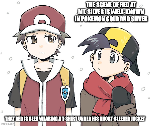 Red and Ethan at Mt. Silver | THE SCENE OF RED AT MT. SILVER IS WELL-KNOWN IN POKEMON GOLD AND SILVER; THAT RED IS SEEN WEARING A T-SHIRT UNDER HIS SHORT-SLEEVED JACKET | image tagged in pokemon,red,ethan,memes | made w/ Imgflip meme maker