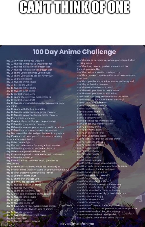 Day 76 | CAN’T THINK OF ONE | image tagged in blank white template,100 day anime challenge | made w/ Imgflip meme maker