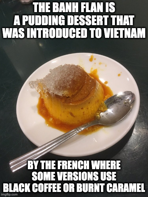 Banh Flan | THE BANH FLAN IS A PUDDING DESSERT THAT WAS INTRODUCED TO VIETNAM; BY THE FRENCH WHERE SOME VERSIONS USE BLACK COFFEE OR BURNT CARAMEL | image tagged in dessert,food,memes | made w/ Imgflip meme maker