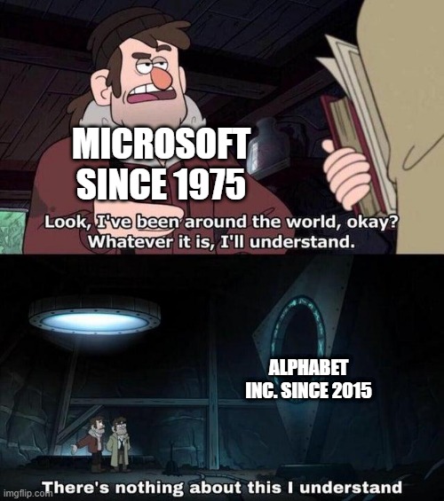 Who's a US  technology corporation? | MICROSOFT SINCE 1975; ALPHABET INC. SINCE 2015 | image tagged in gravity falls understanding,memes | made w/ Imgflip meme maker