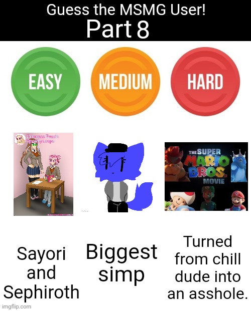Guess The MSMG User | 8; Sayori and Sephiroth; Biggest simp; Turned from chill dude into an asshole. | image tagged in guess the msmg user | made w/ Imgflip meme maker