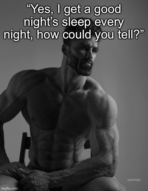 11:00 PM to around 6 or 7 AM | “Yes, I get a good night’s sleep every night, how could you tell?” | image tagged in giga chad | made w/ Imgflip meme maker