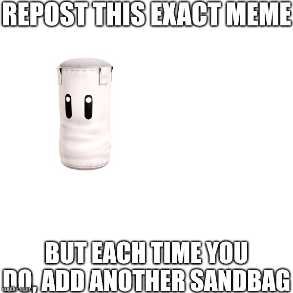 Do it. | REPOST THIS EXACT MEME; BUT EACH TIME YOU DO, ADD ANOTHER SANDBAG | image tagged in sandbag,super smash bros,repost this | made w/ Imgflip meme maker