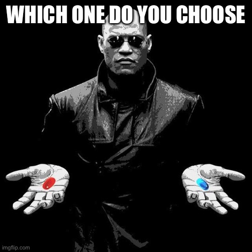 Morpheus Pills | WHICH ONE DO YOU CHOOSE | image tagged in morpheus pills | made w/ Imgflip meme maker