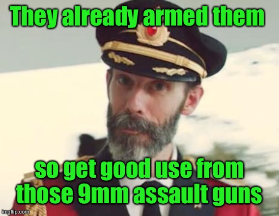 Captain Obvious | They already armed them so get good use from those 9mm assault guns | image tagged in captain obvious | made w/ Imgflip meme maker