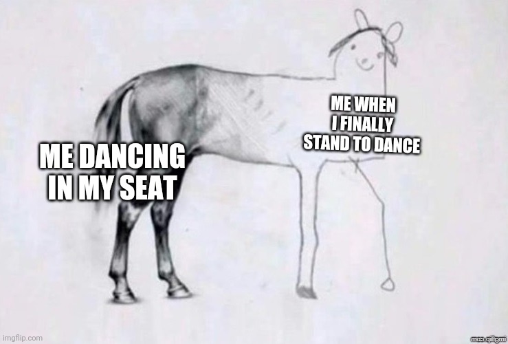 Horse Drawing | ME WHEN I FINALLY STAND TO DANCE; ME DANCING IN MY SEAT | image tagged in horse drawing | made w/ Imgflip meme maker