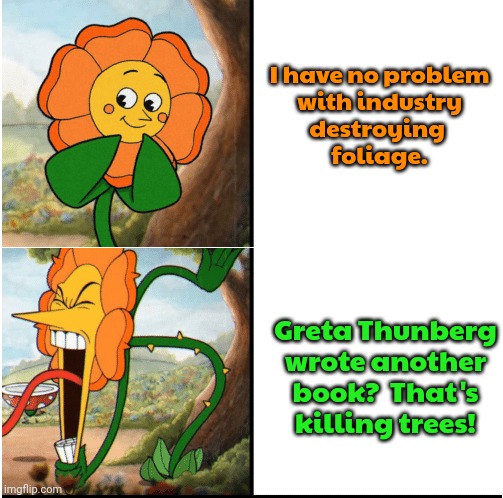"The Climate Book" | I have no problem
with industry
destroying 
foliage. Greta Thunberg wrote another book?  That's killing trees! | image tagged in flower cuphead,conservative logic,gop hypocrite,environment | made w/ Imgflip meme maker