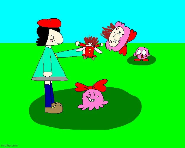 Adeleine and Chuchu slaughtered Ribbon and Kirby is scared of this happening to Ribbon | image tagged in kirby,gore,blood,funny,cute,fanart | made w/ Imgflip meme maker