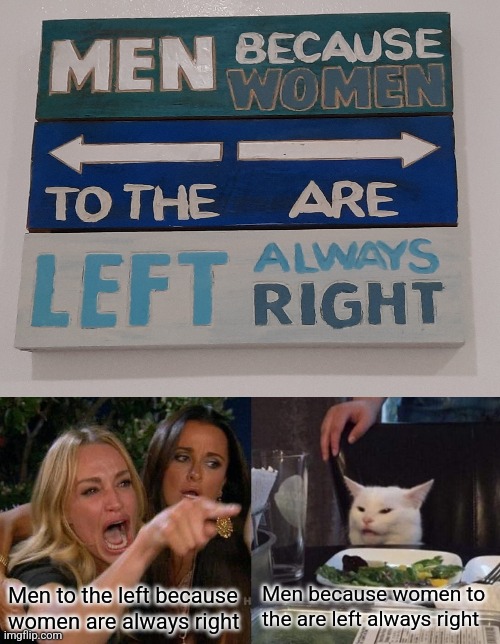 Woman yelling at cat | Men because women to the are left always right; Men to the left because women are always right | image tagged in memes,woman yelling at cat | made w/ Imgflip meme maker