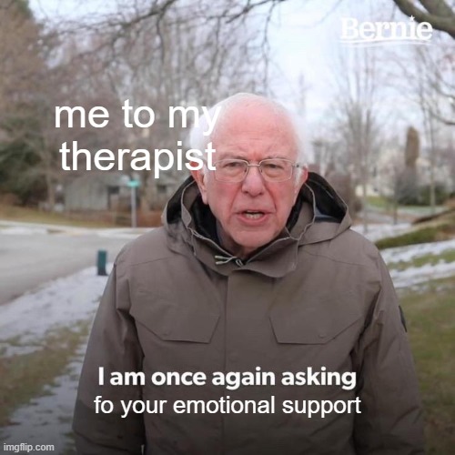 hehe | me to my therapist; fo your emotional support | image tagged in memes,bernie i am once again asking for your support | made w/ Imgflip meme maker