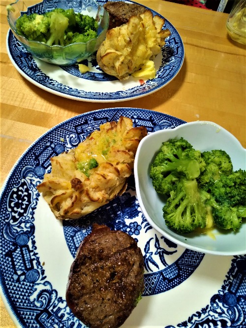 V-Day Dinner: bacon-wrapped filet mignon steaks & baked potatoes (both from Omaha Steaks) + steamed broccoli w/butter (2.14.23) | image tagged in photography,food,valentines,dinner,steak dinner | made w/ Imgflip meme maker
