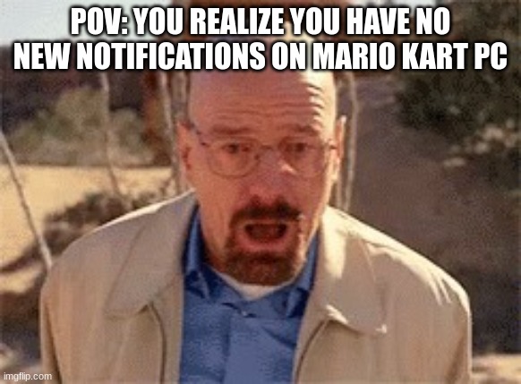 Walter White | POV: YOU REALIZE YOU HAVE NO NEW NOTIFICATIONS ON MARIO KART PC | image tagged in walter white | made w/ Imgflip meme maker