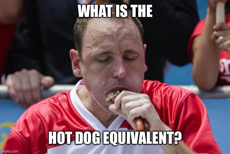 Joey Chestnut | WHAT IS THE HOT DOG EQUIVALENT? | image tagged in joey chestnut | made w/ Imgflip meme maker