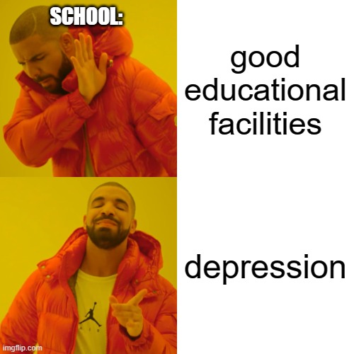Drake Hotline Bling | good educational facilities; SCHOOL:; depression | image tagged in memes,drake hotline bling | made w/ Imgflip meme maker