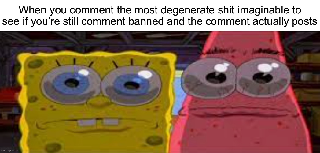 Jk I still have five hours before I’m not comment banned anymore | When you comment the most degenerate shit imaginable to see if you’re still comment banned and the comment actually posts | image tagged in sobgih ans patbur | made w/ Imgflip meme maker