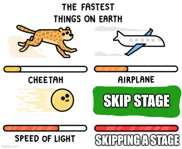 fastest thing possible | SKIP STAGE; SKIPPING A STAGE | image tagged in fastest thing possible | made w/ Imgflip meme maker