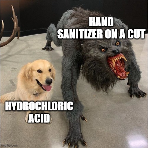 How to discover cuts you never knew you had and never wanted to | HAND SANITIZER ON A CUT; HYDROCHLORIC ACID | image tagged in memes,dog vs werewolf | made w/ Imgflip meme maker