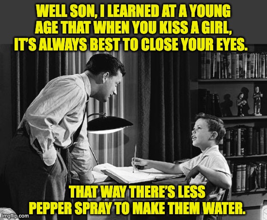 Father Son Advice | WELL SON, I LEARNED AT A YOUNG AGE THAT WHEN YOU KISS A GIRL, IT’S ALWAYS BEST TO CLOSE YOUR EYES. THAT WAY THERE’S LESS PEPPER SPRAY TO MAKE THEM WATER. | image tagged in father son | made w/ Imgflip meme maker