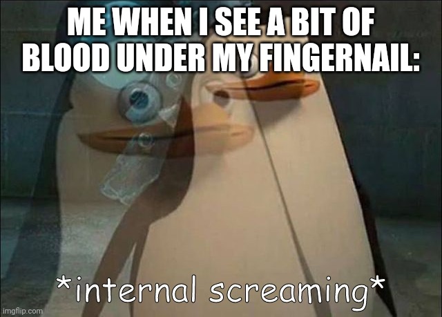 This is when I see A little bit of blood Under my fingernail | ME WHEN I SEE A BIT OF BLOOD UNDER MY FINGERNAIL: | image tagged in private internal screaming,blood | made w/ Imgflip meme maker