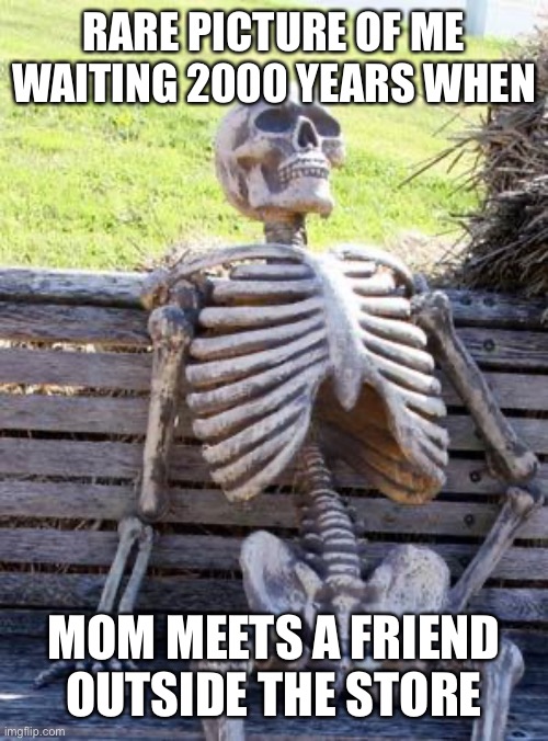 Waiting Skeleton | RARE PICTURE OF ME WAITING 2000 YEARS WHEN; MOM MEETS A FRIEND OUTSIDE THE STORE | image tagged in memes,waiting skeleton | made w/ Imgflip meme maker