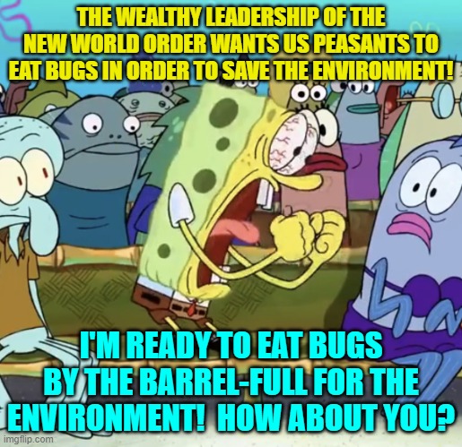 Every Climate Change 'activist' should immediately begin eating bugs. | THE WEALTHY LEADERSHIP OF THE NEW WORLD ORDER WANTS US PEASANTS TO EAT BUGS IN ORDER TO SAVE THE ENVIRONMENT! I'M READY TO EAT BUGS BY THE BARREL-FULL FOR THE ENVIRONMENT!  HOW ABOUT YOU? | image tagged in spongebob yelling | made w/ Imgflip meme maker