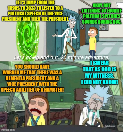 Time travel is a risky business. | LET'S JUMP FROM THE 1990S TO 2023 TO LISTEN TO A POLITICAL SPEECH OF THE VICE PRESIDENT AND THEN THE PRESIDENT. OKAY, BUT LISTENING TO ERUDITE POLITICAL SPEECHES SOUNDS BORING DOC. I SWEAR THAT AS GOD IS MY WITNESS, I DID NOT KNOW! YOU SHOULD HAVE WARNED ME THAT THERE WAS A DEMENTIA PRESIDENT AND A VICE PRESIDENT WITH THE SPEECH ABILITIES OF A HAMSTER! | image tagged in 20 minute adventure rick morty | made w/ Imgflip meme maker