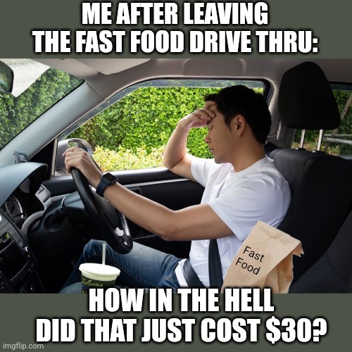 Fast Money | ME AFTER LEAVING THE FAST FOOD DRIVE THRU:; Fast Food; HOW IN THE HELL DID THAT JUST COST $30? | image tagged in fast food,inflation,quick,meal,regrets,hungry | made w/ Imgflip meme maker