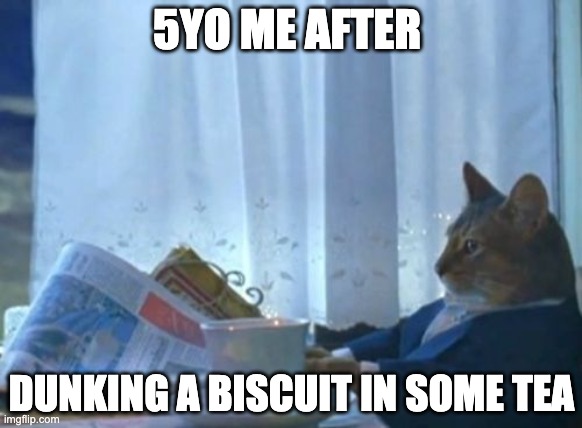 I Should Buy A Boat Cat | 5YO ME AFTER; DUNKING A BISCUIT IN SOME TEA | image tagged in memes,i should buy a boat cat | made w/ Imgflip meme maker