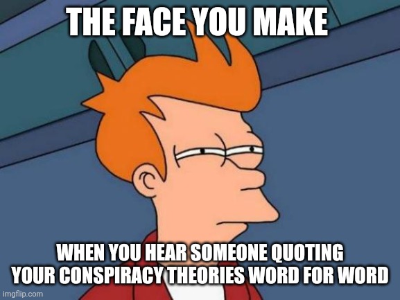 Someone's been plagiarizing my conspiracy theories and that's sus | THE FACE YOU MAKE; WHEN YOU HEAR SOMEONE QUOTING YOUR CONSPIRACY THEORIES WORD FOR WORD | image tagged in memes,futurama fry | made w/ Imgflip meme maker