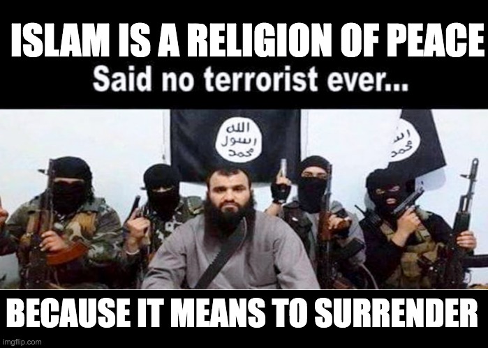 ISLAM IS A RELIGION OF PEACE; BECAUSE IT MEANS TO SURRENDER | made w/ Imgflip meme maker