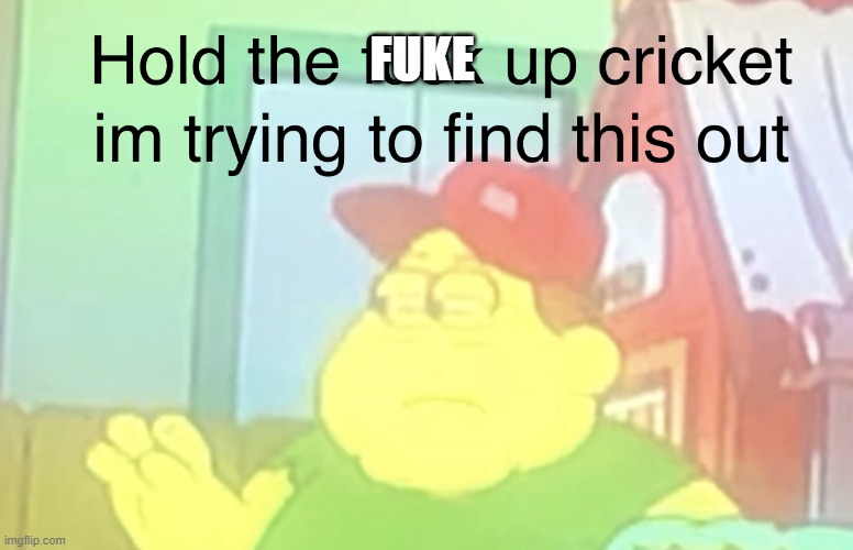 Hold the fuck up cricket im trying to find this out | FUKE | image tagged in hold the fuck up cricket im trying to find this out | made w/ Imgflip meme maker