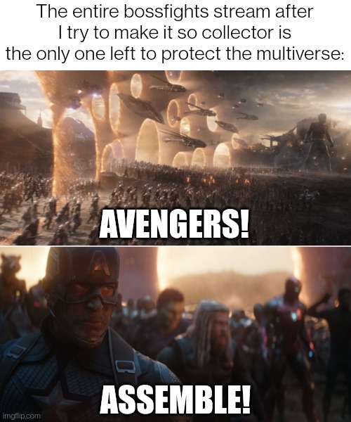 Kinda important for what I'm trying to set up | The entire bossfights stream after I try to make it so collector is the only one left to protect the multiverse:; AVENGERS! ASSEMBLE! | image tagged in avengers endgame portals | made w/ Imgflip meme maker