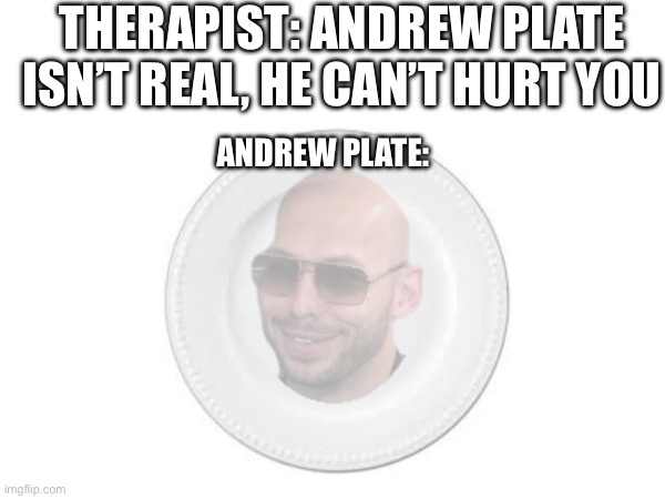 No political views intended | THERAPIST: ANDREW PLATE ISN’T REAL, HE CAN’T HURT YOU; ANDREW PLATE: | image tagged in andrew tate,plate,therapist,he cant hurt you | made w/ Imgflip meme maker
