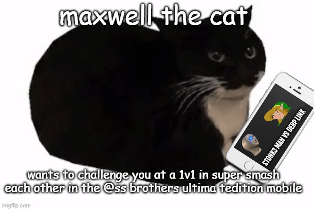 MACKSWELL DA KAT AND SOOPER SMESH IICH OTHER EEN DA ASS BRODASS OEN VEE OEN VERSUZ MEH | maxwell the cat; STONKS MAN VS DERP LINK; wants to challenge you at a 1v1 in super smash each other in the @ss brothers ultima tedition mobile | image tagged in maxwell the cat,wish me luck,funny memes,gaming memes | made w/ Imgflip meme maker