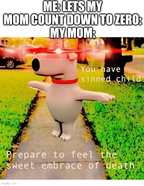 10, 9, 8, 7, 6, 5, 4, 3, 2, 1,... Rip | ME: LETS MY MOM COUNT DOWN TO ZERO:
MY MOM: | image tagged in you have sinned child prepare to feel the sweet embrace of death,your mom,funny,memes | made w/ Imgflip meme maker