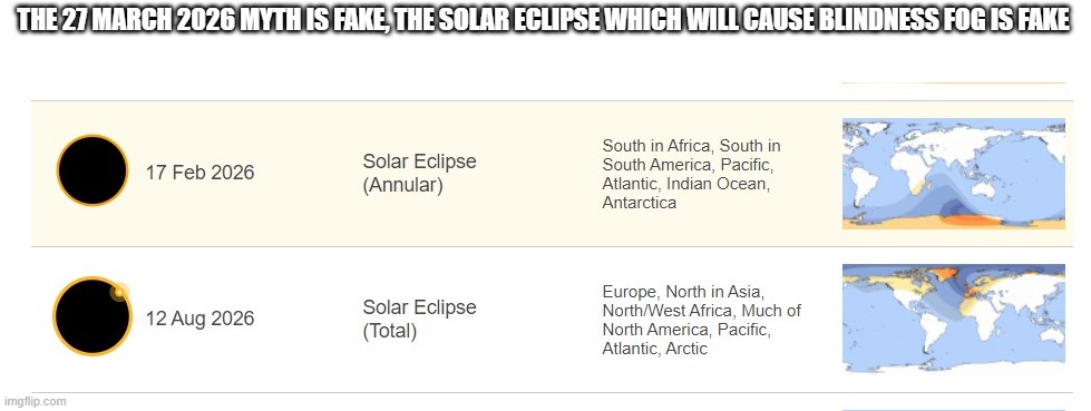 THE 27 MARCH 2026 MYTH IS FAKE, THE SOLAR ECLIPSE WHICH WILL CAUSE BLINDNESS FOG IS FAKE | made w/ Imgflip meme maker