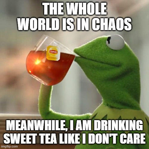Drinking the Based Juice | THE WHOLE WORLD IS IN CHAOS; MEANWHILE, I AM DRINKING SWEET TEA LIKE I DON'T CARE | image tagged in memes,but that's none of my business,kermit the frog | made w/ Imgflip meme maker