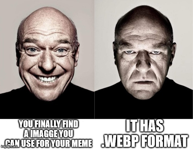breaking bad smile frown | YOU FINALLY FIND A IMAGGE YOU CAN USE FOR YOUR MEME; IT HAS .WEBP FORMAT | image tagged in breaking bad smile frown,memes,funny,relatable | made w/ Imgflip meme maker