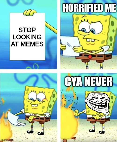 I'm never gonna give memes up | HORRIFIED ME; STOP LOOKING AT MEMES; CYA NEVER | image tagged in spongebob burning paper | made w/ Imgflip meme maker
