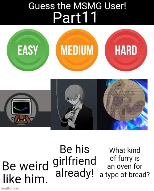 Guess The MSMG User | 11; Be weird like him. Be his girlfriend already! What kind of furry is an oven for a type of bread? | image tagged in guess the msmg user | made w/ Imgflip meme maker