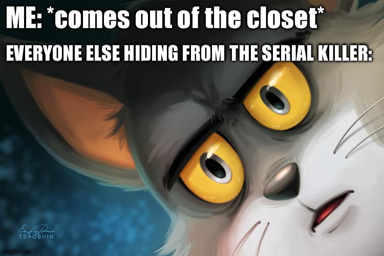 Oh- (I'm Around #230 On The Leader Board ATM) | ME: *comes out of the closet*; EVERYONE ELSE HIDING FROM THE SERIAL KILLER: | image tagged in unsettled tom stylized | made w/ Imgflip meme maker