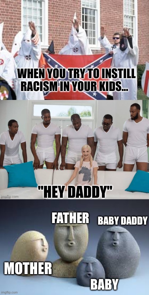 Chickens home to roost | FATHER; BABY DADDY; MOTHER; BABY | image tagged in oof rocks,racism,how it started vs how it's going | made w/ Imgflip meme maker