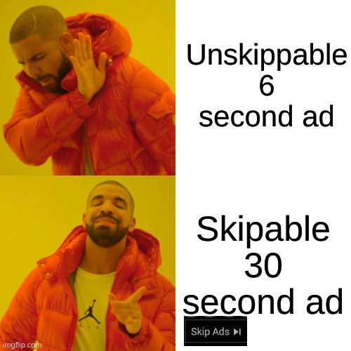 lol | Unskippable 6 second ad; Skipable 30 second ad | image tagged in memes,drake hotline bling | made w/ Imgflip meme maker