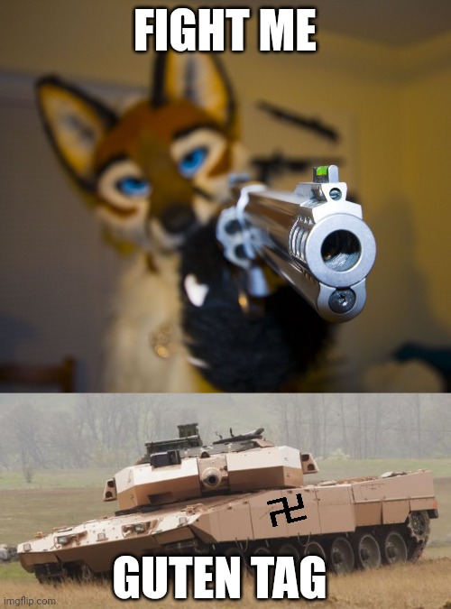 420 ups and I post this in the furry stream | FIGHT ME; GUTEN TAG | image tagged in furry with gun,challenger tank,guten tag | made w/ Imgflip meme maker