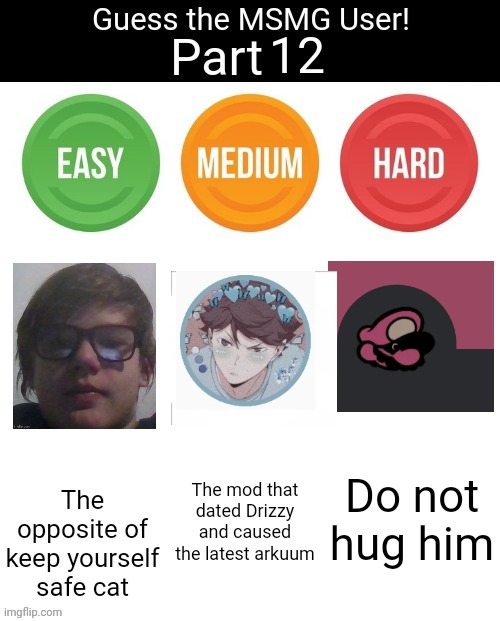 Guess The MSMG User | 12; Do not hug him; The mod that dated Drizzy and caused the latest arkuum; The opposite of keep yourself safe cat | image tagged in guess the msmg user | made w/ Imgflip meme maker