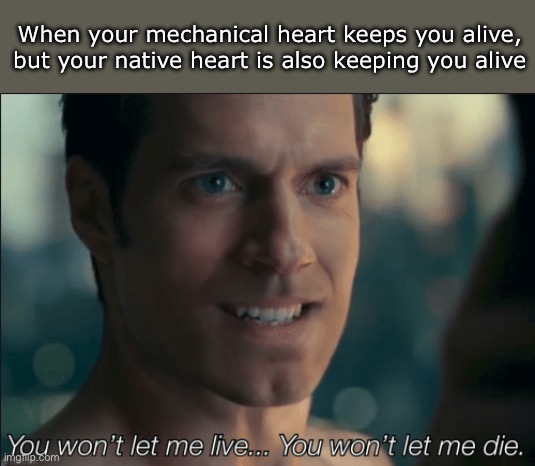 you won't let me live you won't let me die | When your mechanical heart keeps you alive, but your native heart is also keeping you alive | image tagged in you won't let me live you won't let me die | made w/ Imgflip meme maker