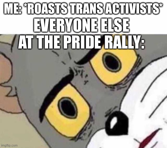 It’s humor. And it’s dark. | ME: *ROASTS TRANS ACTIVISTS*; EVERYONE ELSE AT THE PRIDE RALLY: | image tagged in tom cat unsettled close up | made w/ Imgflip meme maker